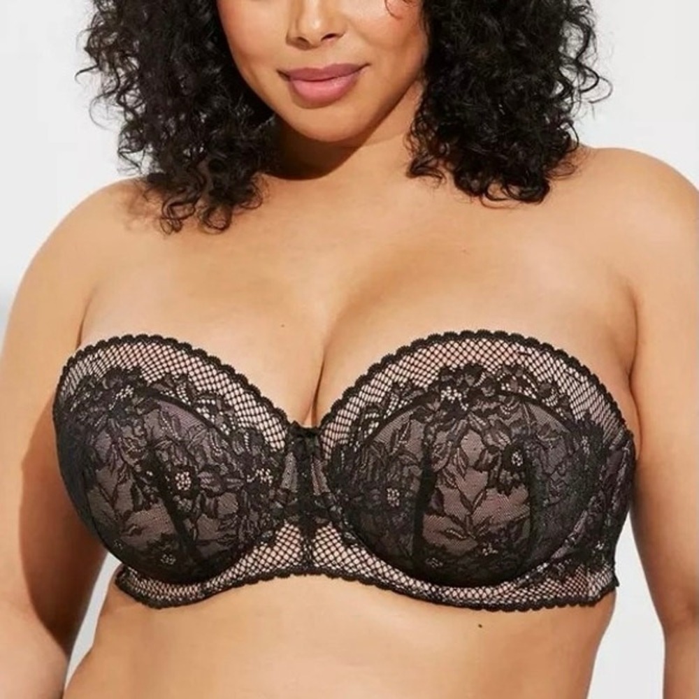 Torrid Curve Strapless Floral Lace Underwire Bra Black Nude Plus Size 44D